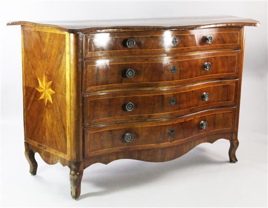 An 18th century Maltese olive wood and fruitwood serpentine commode, W.6ft 1in.